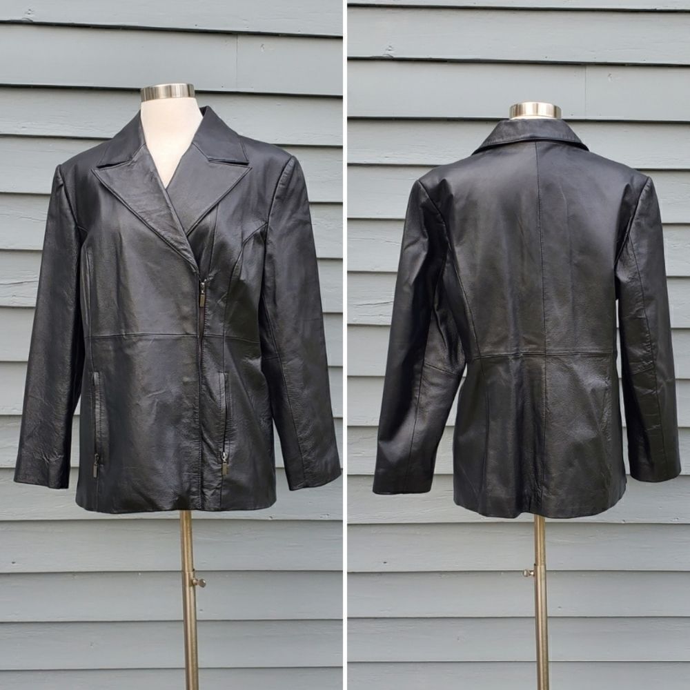 Vintage 90s y2k Black Leather‎ Moto Motorcycle Zip Biker Car Coat Jacket Md